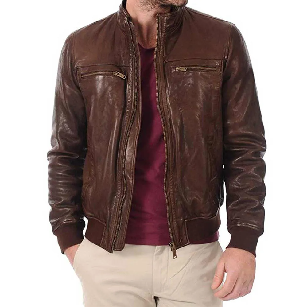 Brown Genuine Leather Bomber Jacket