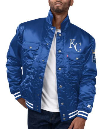 Royal Blue Satin Snap-Tab Trucker Jacket with Ribbed Details