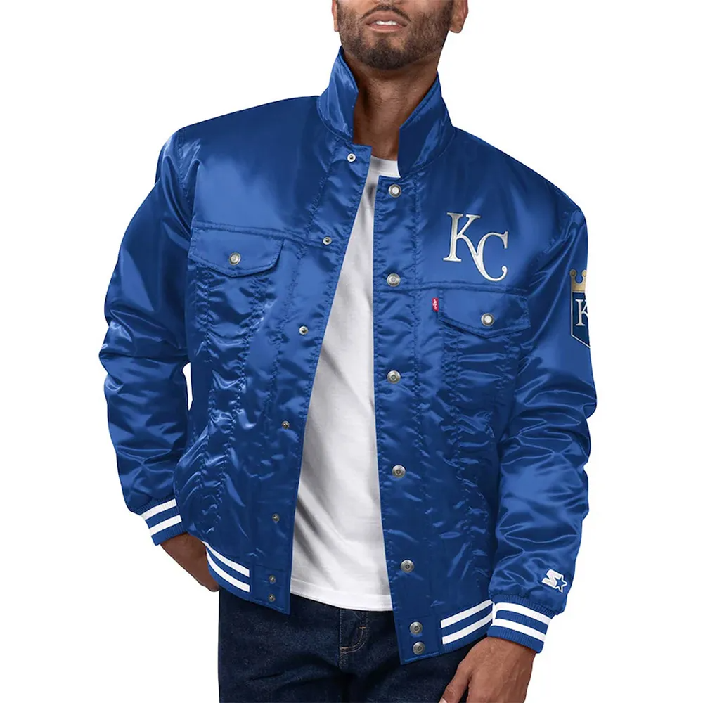 Royal Blue Satin Snap-Tab Trucker Jacket with Ribbed Details