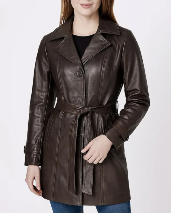 Brown Genuine Leather Double-Breasted Belted Coat