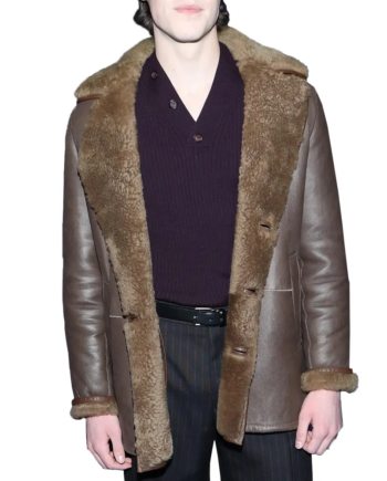Brown Shearling Collar Double-Breasted Leather Coat