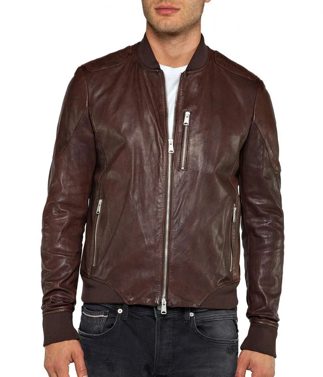 Brown Genuine Leather Bomber Jacket