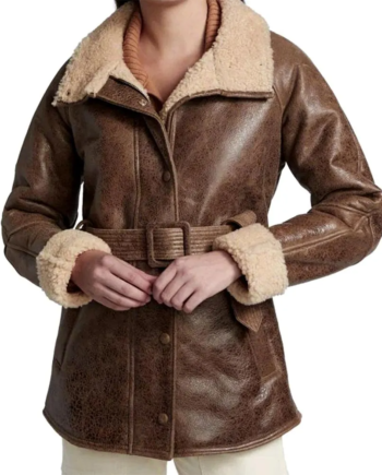 Brown Genuine Leather Rib-Knit Collar Shearling Jacket