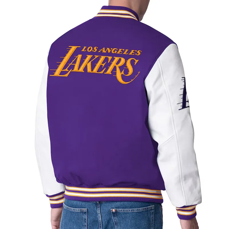 Purple and White Wool Varsity Jacket with Leather Sleeves