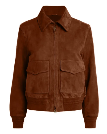 Brown Suede Leather Shirt Collar Zip Jacket with Ribbed Details