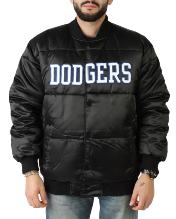 Black Satin Button-Front Puffer Jacket with Ribbed Details