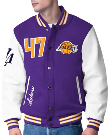 Purple and White Wool Varsity Jacket with Leather Sleeves
