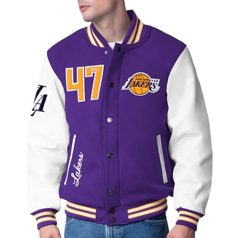 Purple and White Wool Varsity Jacket with Leather Sleeves