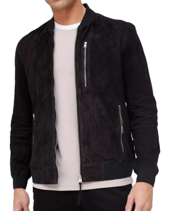 Black Suede Leather Rib-Knit Zip Jacket with Pockets