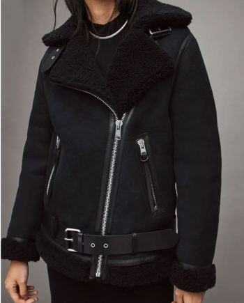 Black Suede Shearling Collar Zipper Jacket with Belt
