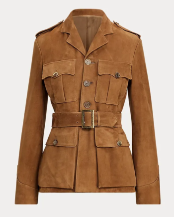 Brown Suede Leather Belted Lapel Collar Jacket