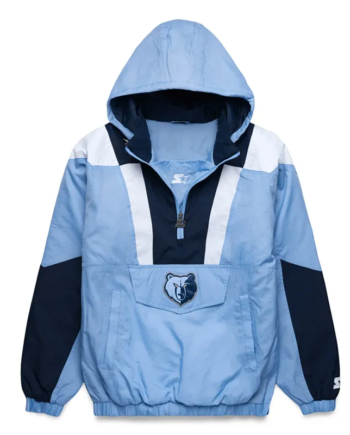 Blue Nylon Half-Zip Pullover Hooded Jacket