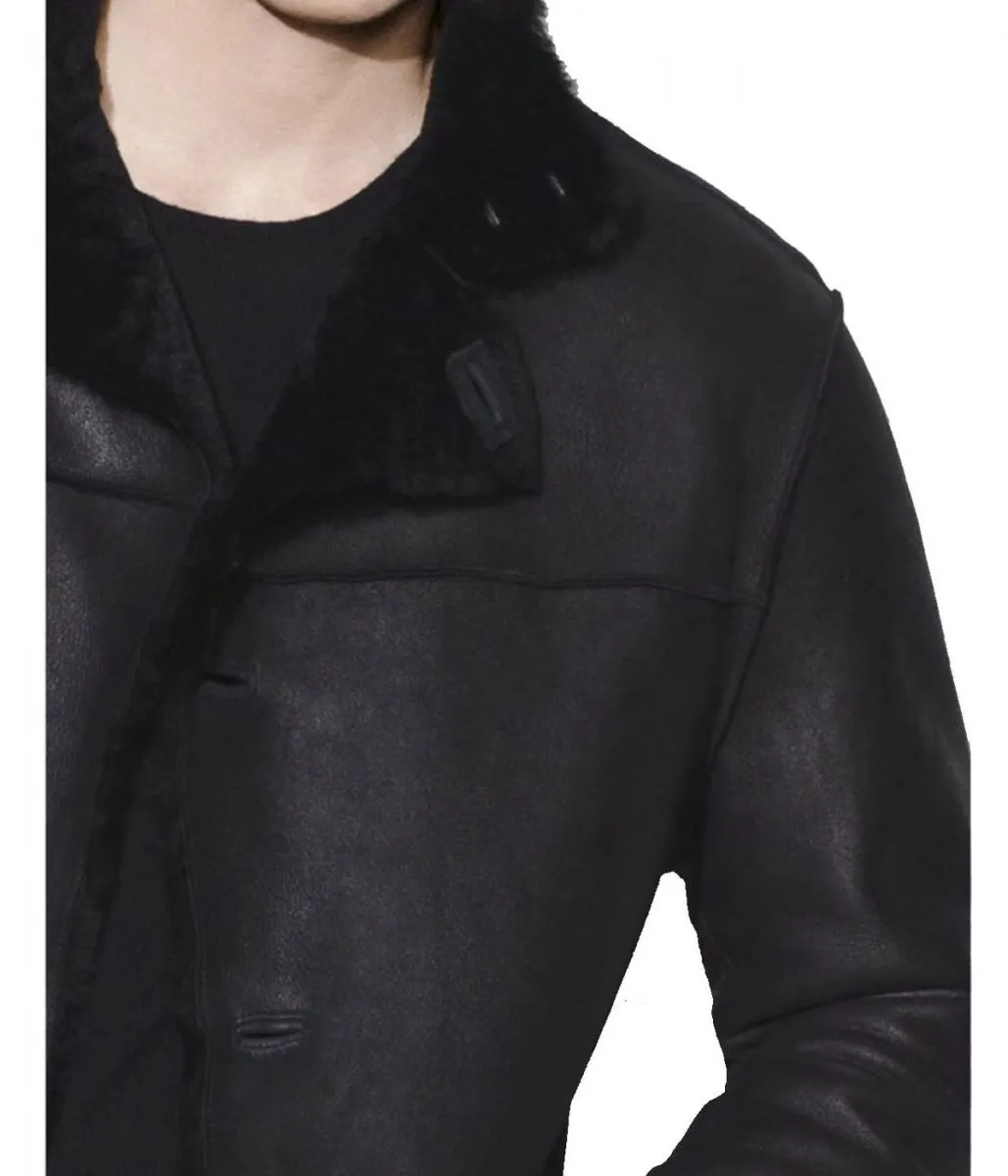 Men's Black Genuine Leather Shearling Collar Coat