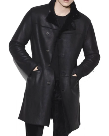 Men's Black Genuine Leather Shearling Collar Coat