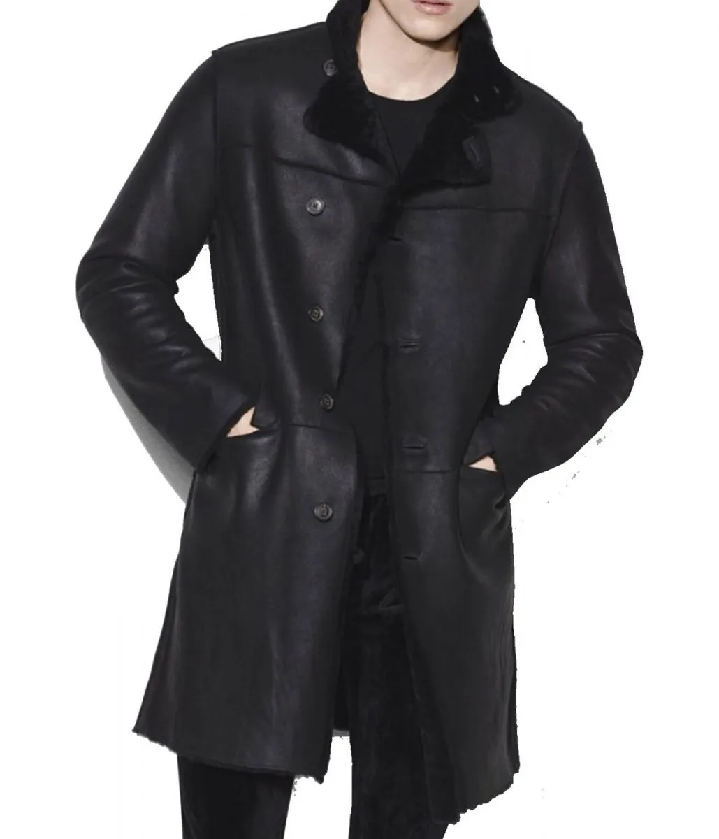 Men's Black Genuine Leather Shearling Collar Coat