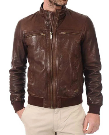 Brown Genuine Leather Bomber Jacket