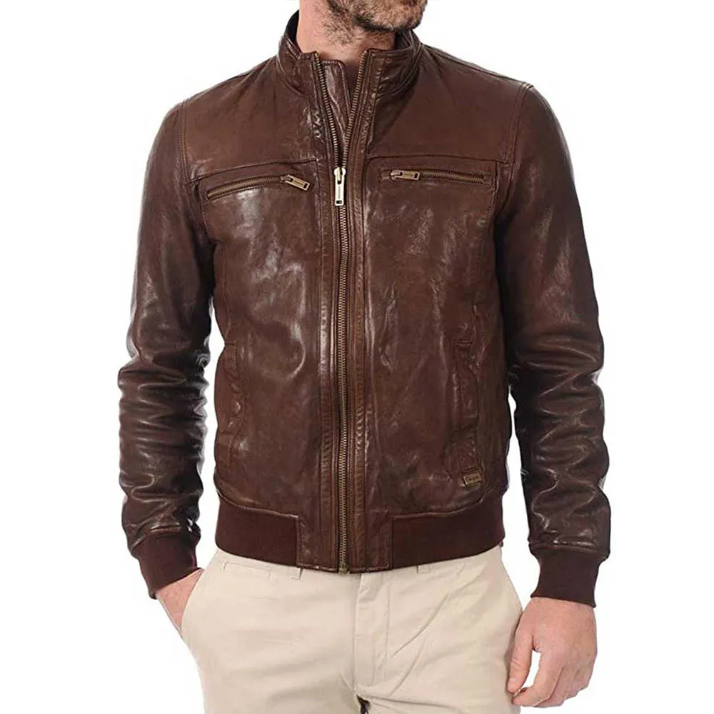 Brown Genuine Leather Bomber Jacket