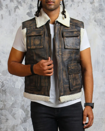 Brown Genuine Leather Fur Collar Sleeveless Vest