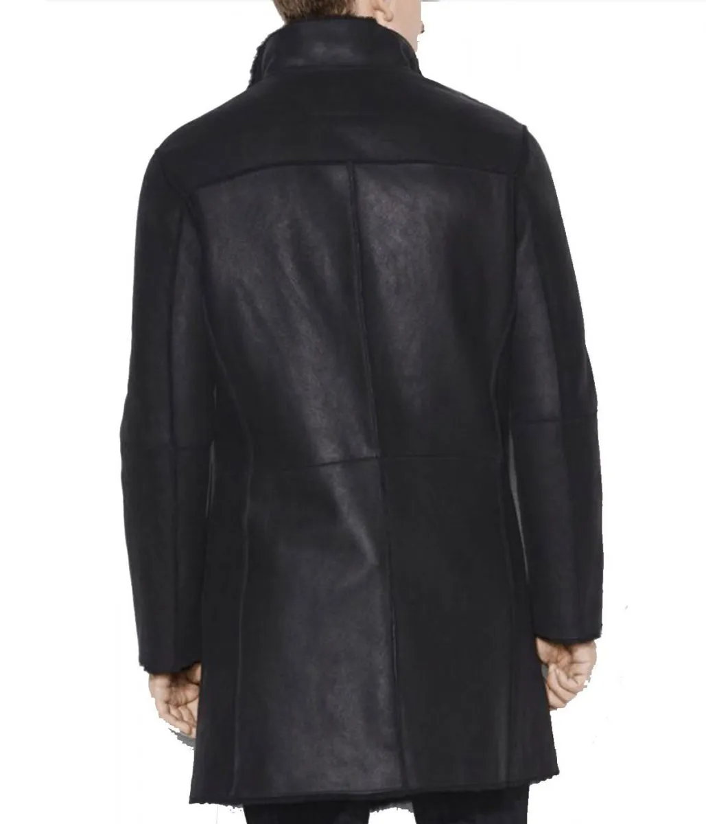 Men's Black Genuine Leather Shearling Collar Coat