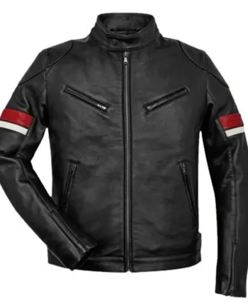 Striped Black Cafe Racer Leather Jacket