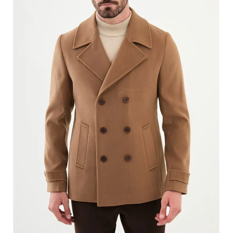 Men's Camel Wool Double-Breasted Peacoat