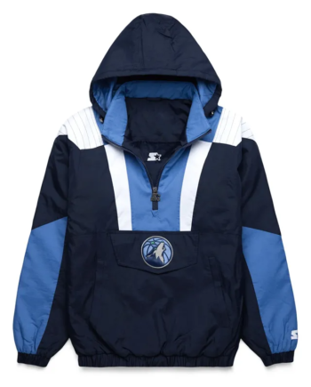 Navy Blue Nylon Half-Zip Pullover Hooded Jacket