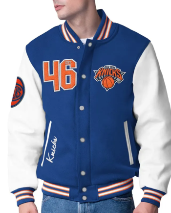 Blue and White Wool Varsity Jacket with Leather Sleeves