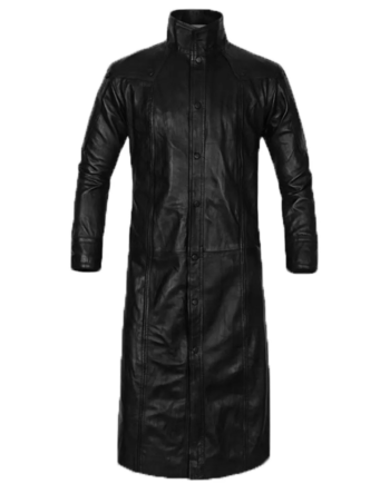Black Genuine Leather Stand Collar Trench Coat