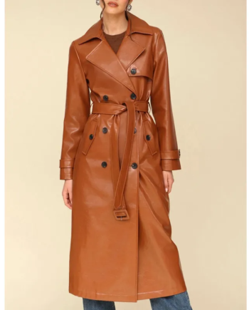 Brown Double-Breasted Genuine Leather Belted Coat