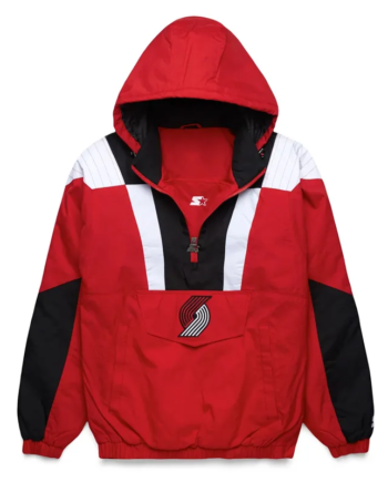 Red Nylon Half-Zip Pullover Hooded Jacket