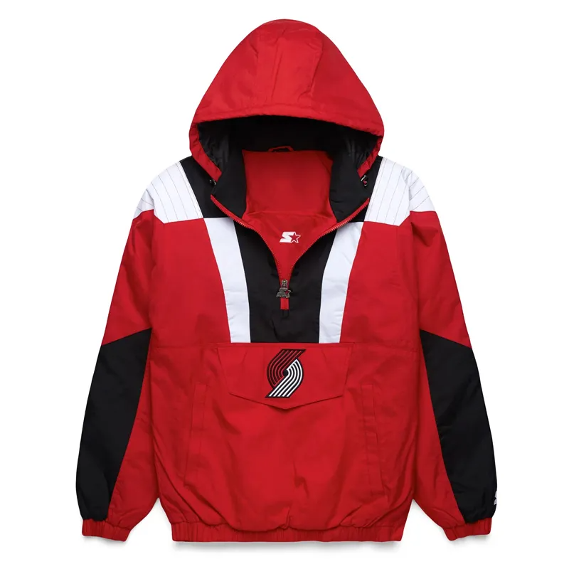 Red Nylon Half-Zip Pullover Hooded Jacket