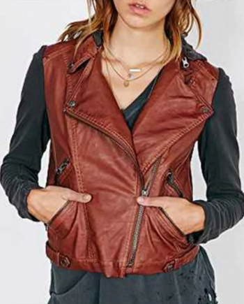 Brown Genuine Leather Hooded Vest with Asymmetrical Zipper