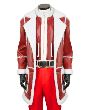 Red Genuine Leather Duffle Coat with Fur Trim Cuffs
