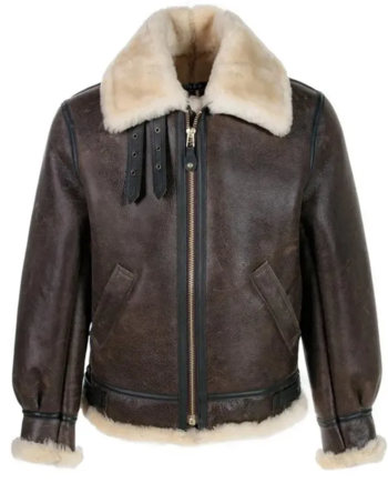 Brown Genuine Leather Shearling Collar Zipper Jacket