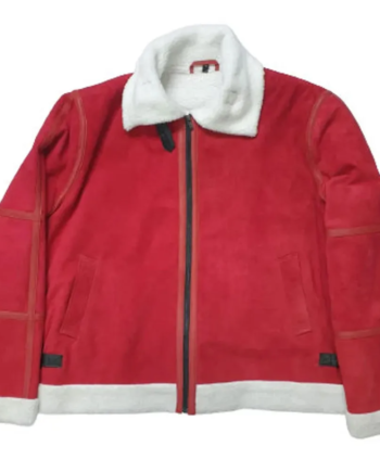 Red Suede Leather Shirt Collar Zipper Jacket