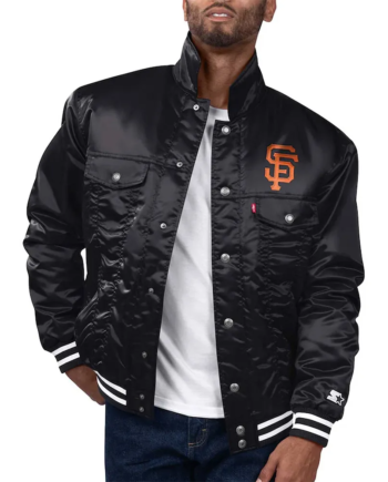 Black Satin Stand Collar Snap-Tab Trucker Jacket