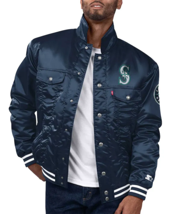 Navy Satin Snap-Tab Baseball Trucker Jacket