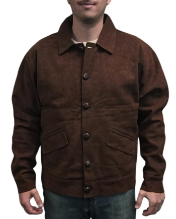 Brown Suede Leather Shirt Collar Snap-Tab Jacket