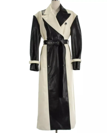 Black and White Genuine Leather Belted Trench Coat