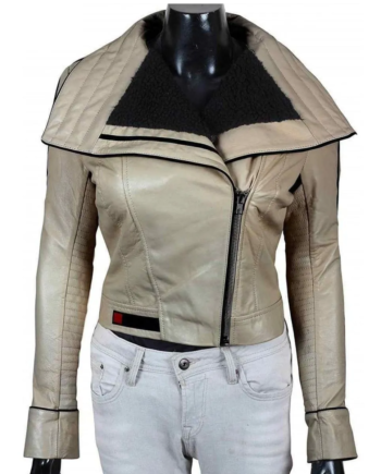 Off White Cotton Shearling Jacket with Wide Lapel Collar