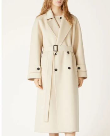Off White Wool Double-Breasted Belted Trench Coat