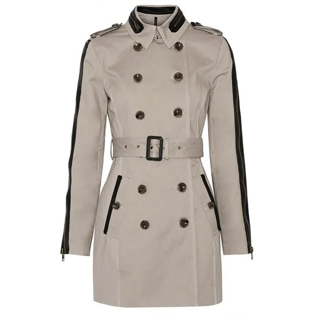Gray Cotton Double-Breasted Lapel Trench Coat
