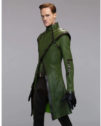 Green Genuine Leather Stand-Up Collar Button Coat