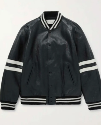 Striped Black Genuine Leather Bomber Jacket
