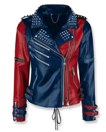 Blue and Red Genuine Leather Studded Zip Jacket