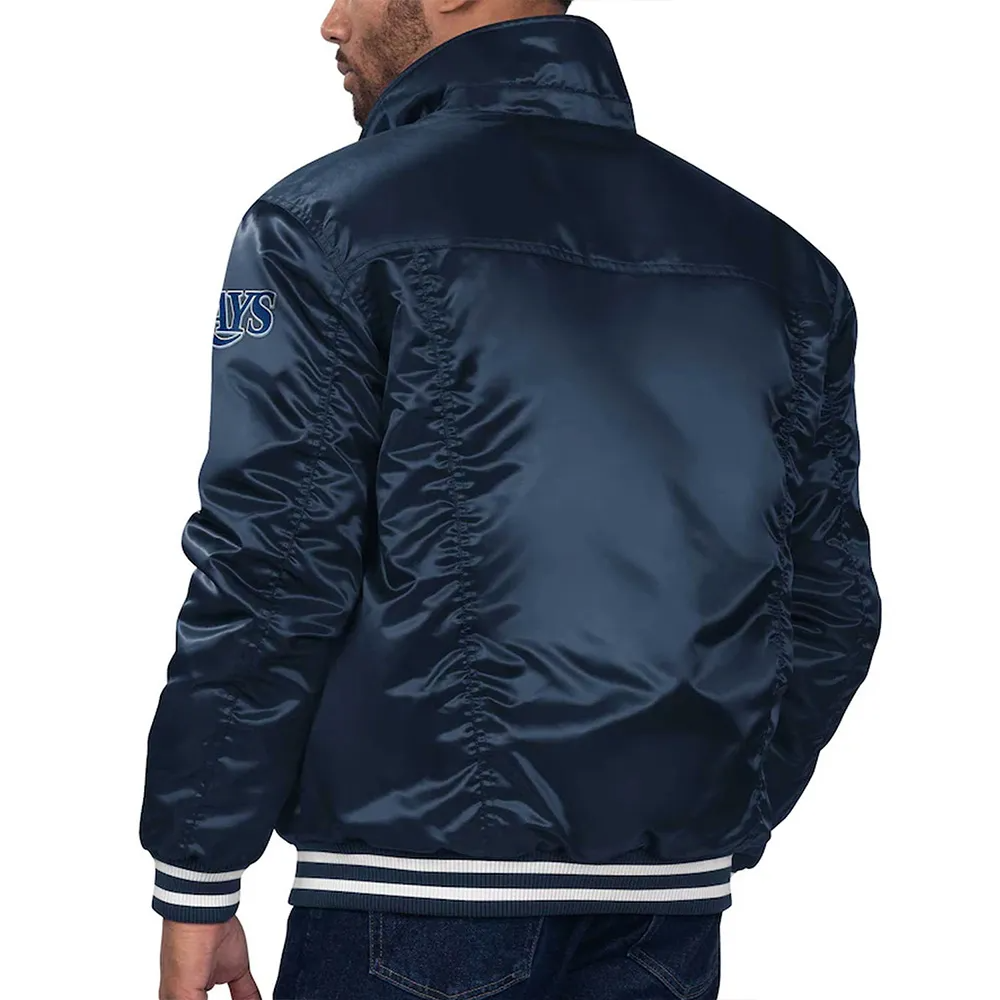Navy Satin Snap-Tab Baseball Trucker Jacket with Pockets