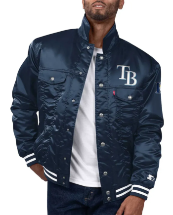 Navy Satin Snap-Tab Baseball Trucker Jacket with Pockets