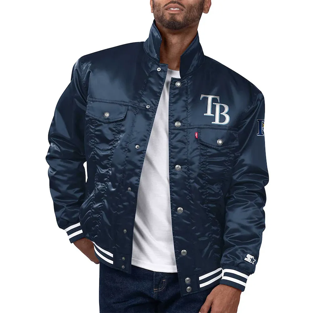 Navy Satin Snap-Tab Baseball Trucker Jacket with Pockets