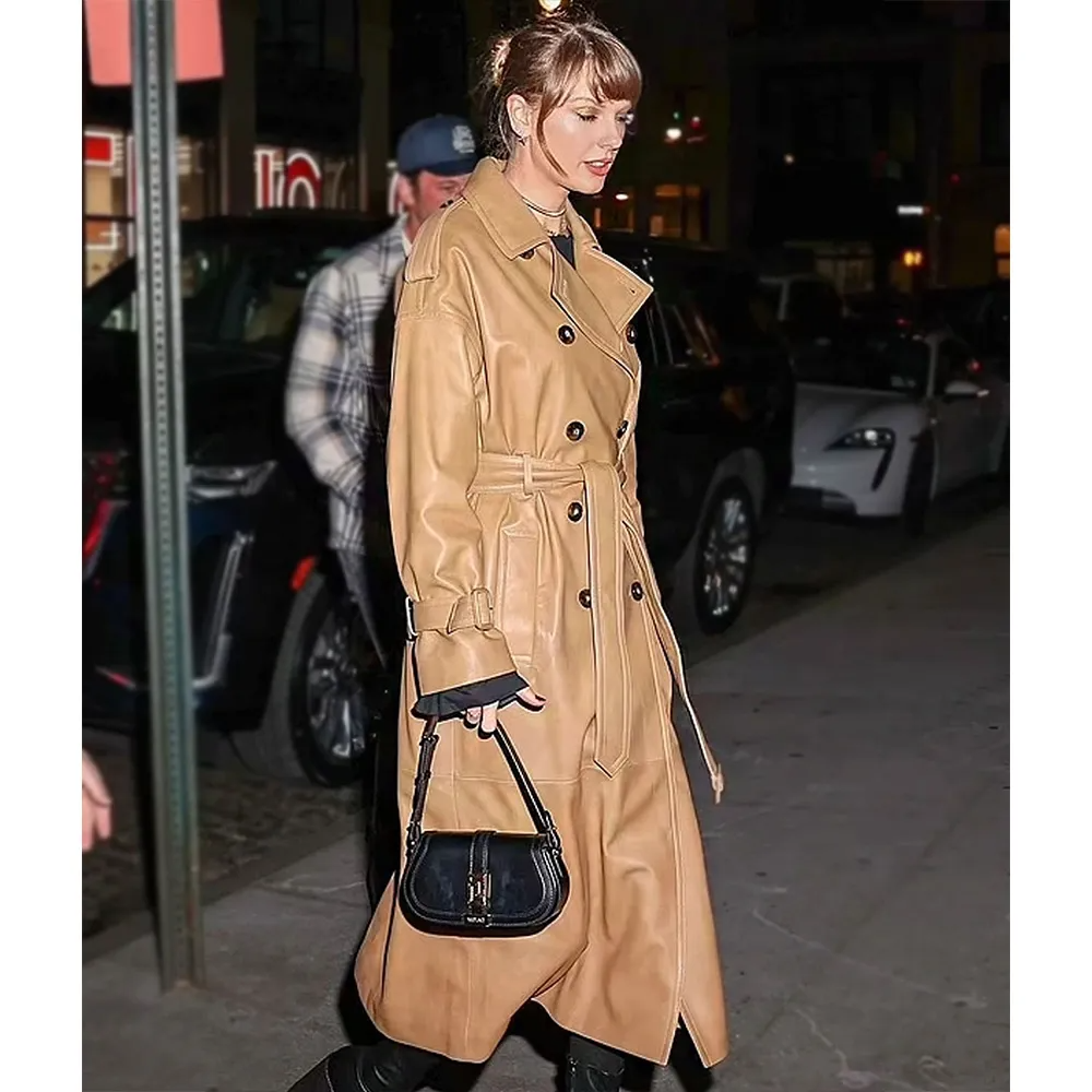 Brown Genuine Leather Double-Breasted Belted Trench Coat