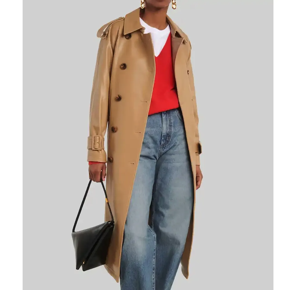 Brown Genuine Leather Double-Breasted Belted Trench Coat